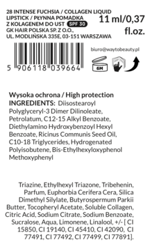 Tył płynnej pomadki Intense Fuchsia z kolagenem SPF 30, z kodem kreskowym i listą składników.