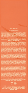 Tył pomarańczowego opakowania kremu do twarzy Origins, z białą listą składników i informacjami.