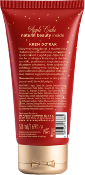 Tył czerwonej tubki kremu do rąk Apple Cake 50ml, z opisem naturalnych składników i zapachem szarlotki.