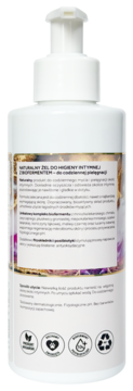 Tył białej butelki naturalnego żelu intymnego z izofermentem, widoczne napisy, ikony ekologiczne i pompka.