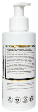Biała butelka NATURALNEGO ŻELU DO HIGIENY INTYMNEJ z biofermentem, tył z etykietą, widoczny polski opis i ikony.