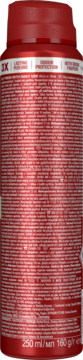 Tył czerwonego dezodorantu Old Spice Epic Legend w sprayu 250 ml, z drobnym białym tekstem i czerwoną nakrętką.