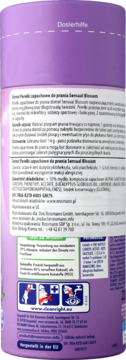 Tył fioletowego opakowania Sama Płyn zapachowy do prania Sensual Blossom z instrukcją i piktogramami.