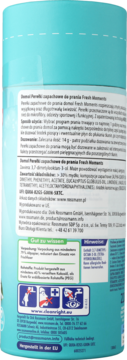 Tył cylindrycznego, turkusowego opakowania perełek zapachowych Denim Fresh Moments, z opisem produktu.