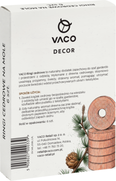 Białe opakowanie Vaco Decor Ringi Cedrowe na Mole, widok z przodu i boku, z ilustracją drewnianych krążków i szyszki.