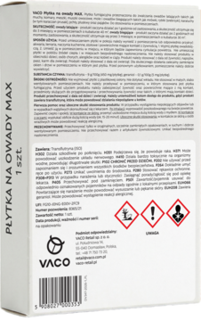Tylna strona białego opakowania VACO Płytka na owady MAX z instrukcją użycia i piktogramami ostrzegawczymi.