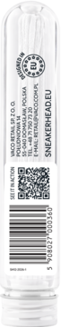 Przezroczysta tuba z białymi wkładami czyszczącymi Sneakerhead.eu, widok na pionową etykietę z kodem QR.