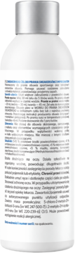 Tył białej butelki żelu do prania sneakersów ze srebrną zakrętką, z widocznymi polskimi instrukcjami.