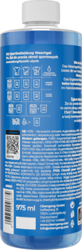 Tył niebieskiej butelki OH MY WASH! żelu do prania ubrań sportowych 975 ml z etykietą, kodem QR i opisem.
