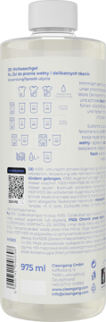OH MY WASH! żel do wełny i delikatnych tkanin 975 ml, tył butelki z białym korkiem, QR kodem i instrukcjami.