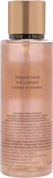 Tył butelki Victoria's Secret Whipped Vanilla Soft Cashmere shimmer mist, z brokatem i listą składników.
