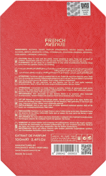 Tył czerwonego, matowego opakowania ekstraktu perfum French Avenue 100ml z informacjami i kodami.