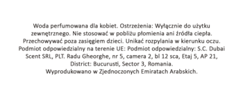 Widok tekstu z bliska: polskie informacje o wodzie perfumowanej dla kobiet, ostrzeżenia, dane producenta z ZEA.