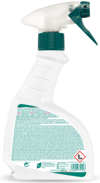 Tył butelki SANYTOL przeciw roztoczom i pluskwom 300ml. Biały spray, zielony spust, etykieta ze składem, symbolem zagrożenia.