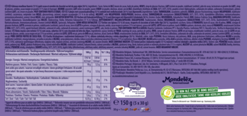 Tył fioletowego opakowania czekolady Milka 150g, z tabelą wartości odżywczych i listą składników.