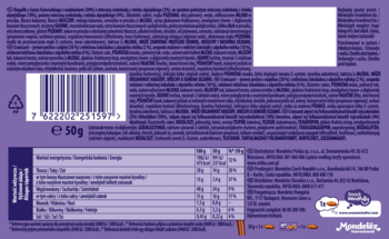 Milka Choco Croissant 50g, tył fioletowego opakowania z kodem kreskowym, tabelą wartości odżywczych i składem produktu.