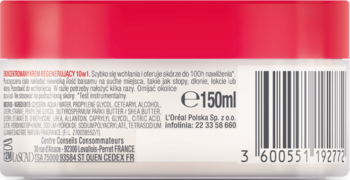 Tył biało-czerwonego opakowania kremu regenerującego 10w1 z gliceryną i mocznikiem 150ml, etykieta z tekstem.