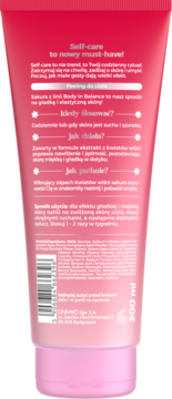 Różowa tuba peelingu do ciała Sakura. Tył opakowania z opisem, składem i kodem kreskowym, 200 ml.