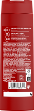 Tył czerwonej butelki Old Spice Cold Spice 3w1, 400ml. Żel pod prysznic i szampon o zapachu mięty.