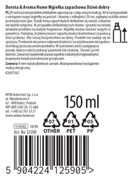 Tył opakowania mgiełki zapachowej Dorota & Aroma Home Dzień dobry 150 ml, z polskimi instrukcjami i kodem.