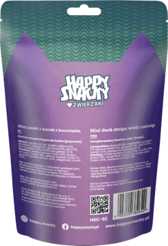 Tył fioletowej torebki Happy Snacky, mini paski z kaczki z kocimiętką dla kota, z listą składników.