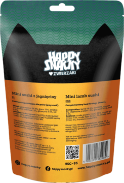 Tył zielono-pomarańczowego opakowania Happy Snacky Mini Sushi dla psów z jagnięciną, widoczne informacje o składzie.