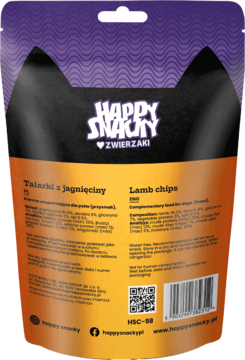 Tył pomarańczowej torebki Happy Snacky Talarki z jagnięciny dla psa, z fioletową górą i informacją o składzie.