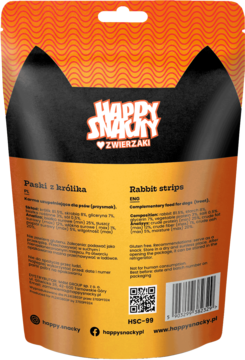 Happy Snacky Paski z królika, tył pomarańczowo-czarnego opakowania z informacjami o składzie dla psa.