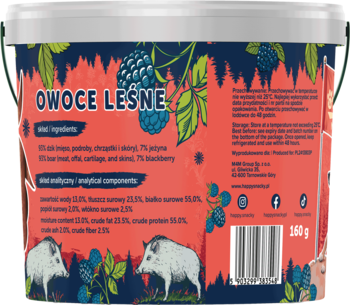Tył opakowania Kabanosów Dzik z Jeżyną 160g dla psów. Grafika z dzikami i owocami leśnymi, czytelne etykiety.