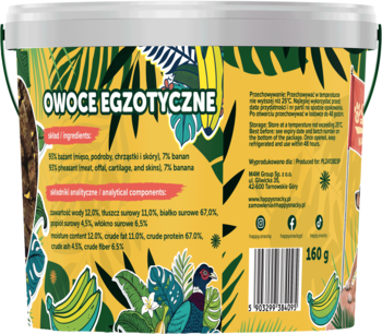 Tył białego wiadra Przysmaki Owoce Egzotyczne 160g, z tropikalnym wzorem liści i bananów.