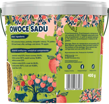 Tył zielonego wiaderka Mięsne Paski Wołowina z Jabłkiem dla psa. Grafika jabłoni, skład i waga 400g.