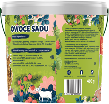Tył wiadra Łapsie Owoce Sadu Koza z Truskawką, z etykietą 400g, truskawkami, kozą i składem produktu.