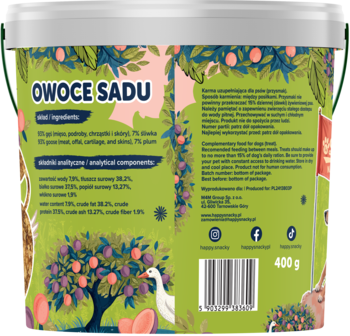 Tył opakowania pasków dla psa Łapsie Owoce Sadu Gęś ze Śliwką, zielony, składniki, barcode, 400g.