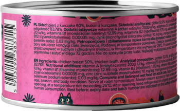 Tył różowej puszki Łapsie Kurczak w Bulionie, mokrej karmy dla kota, z listą składników i grafiką kotka.