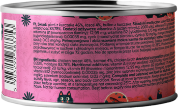 Tył różowej puszki karmy Łapsie Kurczak z Łososiem dla kota, z polskim i angielskim składem produktu.