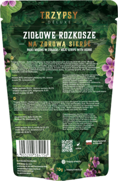 Tył zielonej saszetki Trzypsy Deluxe paski z bażanta w ziołach 70g na zdrową sierść, widoczna tabela składników.
