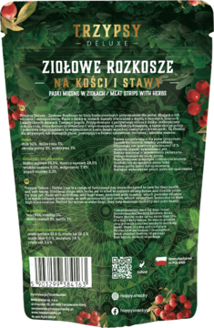 Tył ciemnozielonego opakowania TRZYPSY DELUXE "Ziołowe Rozkosze" Paski mięsne dla psów na stawy.