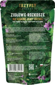 Tył zielonego opakowania TrzyPsy Deluxe z paskami mięsnymi w ziołach dla higieny jamy ustnej.