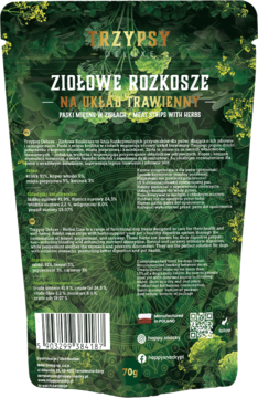 Tył ciemnozielonej saszetki Trzypsy z ziołowymi paskami mięsnymi królika, z tekstem o trawieniu i składzie.
