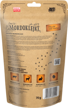 Tył brązowej torebki TRZYPSY Mordoklejki, naturalne mięsne gryzaki dla psów (70g), widoczne opisy i smaki.