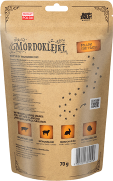 Tył brązowej torebki Mordoklejki TRZYPSY Deluxe 70g, naturalne gryzaki dla psów, z kodem kreskowym i ikonami smaków.