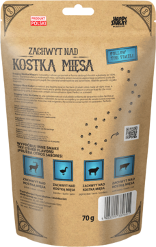 Tył brązowej torebki TRZYPSY DELUXE Zachwyt Nad Kostką Mięsa 70g, z opisem, łapami i ilustracjami innych smaków.