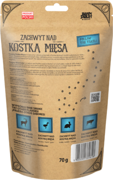 Tył brązowej torebki TRZYPSY DELUXE Zachwyt Nad Kostką Mięsa 70g, ścieżka łap, ikony zwierząt-smaków.