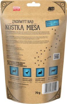 Tył kraftowej saszetki TRZYPSY Zachwyt Nad Kostką Mięsa 70g, z info o składzie, śladami łap i ikonami smaków.