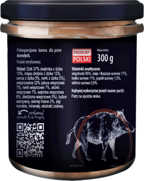 Tył opakowania mokrej karmy Trzypsy Superfood dla psa z dziczyzną 300g, etykieta z napisem PRODUKT POLSKI.