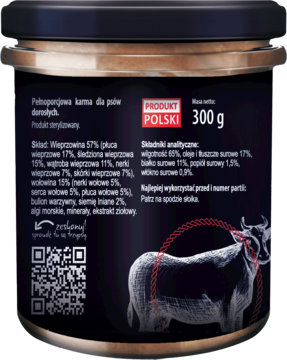 Tył ciemnego słoika Trzypsy Superfood, mokrej karmy dla psa, 300g, z napisem PRODUKT POLSKI i rysunkiem krowy.