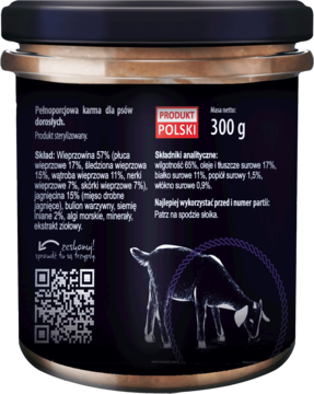 Tył mokrej karmy Trzypsy Superfood dla psa, czarny słoik 300g ze składem i grafiką kozy.