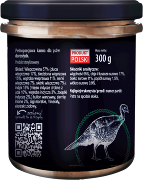 Trzypsy Superfood mokra karma dla psa, tył szklanego słoika z ciemną etykietą, skład, masa netto 300g, ilustracja indyka.