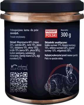 Tył słoika Trzypsy Superfood mokrej karmy dla psa z królikiem 300g, z pełnym składem i analityką.