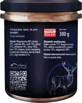Tył ciemnego słoika Trzypsy Superfood, karmy dla psów dorosłych. Etykieta ze składem: wieprzowina i superfoods.